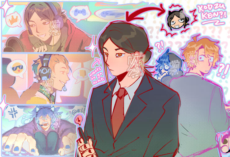 gamer collab characters: kozume kenma (haikyuu!), chigasaki itaru (a3!), and idia shroud (twisted wonderland) if they were in the same world au